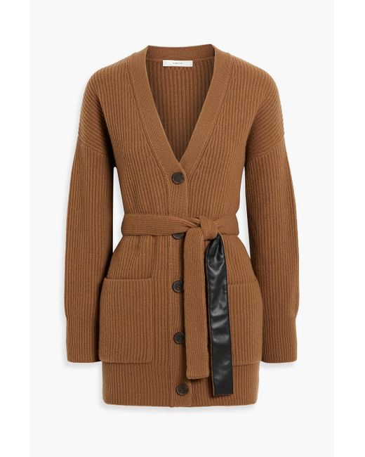 Vince Brown Belted Ribbed Wool And Cashmere-Blend Cardigan