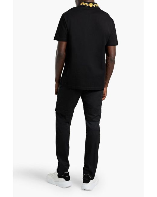 Versace Black Embroidered Cotton-piqué Polo Shirt for men