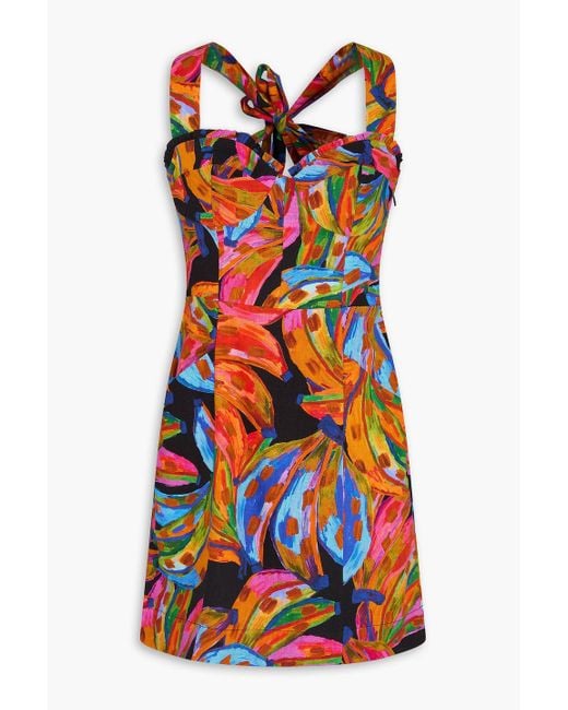 Farm Rio Red Bow-detailed Printed Linen-blend Mini Dress