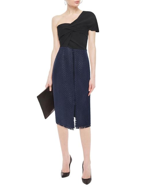 Roland Mouret Blue Morita One-shoulder Twist-front Crepe And Basketweave Wool-blend Midi Dress