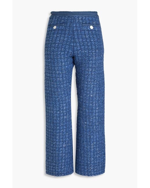 Sandro Blue Sequin-embellished Bouclé-tweed Bootcut Pants