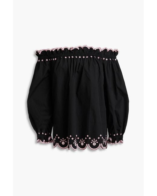 Saloni Black Gaby Off-the-shoulder Broderie Anglaise-trimmed Cotton-poplin Top