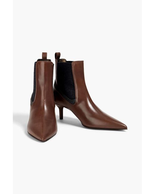 Brunello Cucinelli Brown Bead-embellished Leather Ankle Boots