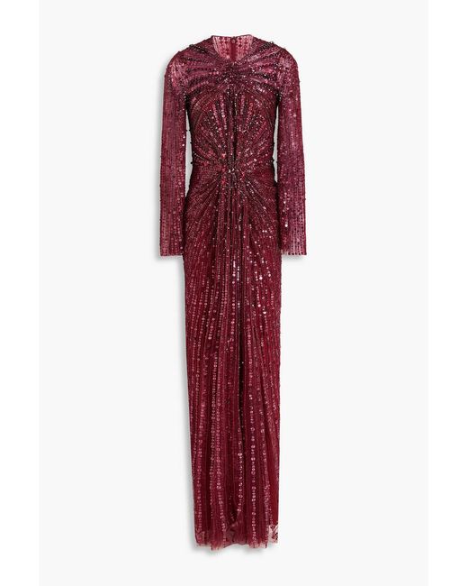 Jenny Packham Red Embellished Draped Tulle Gown