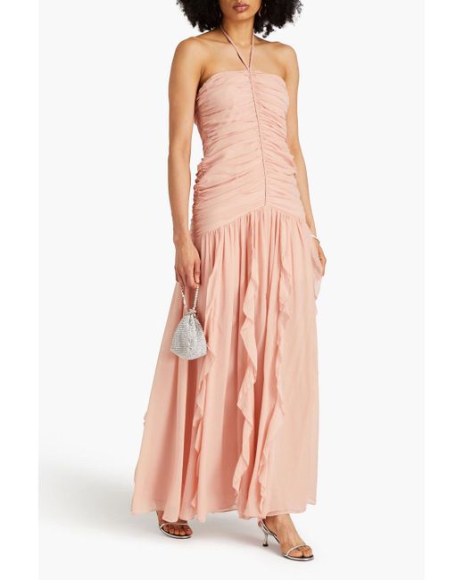Veronica Beard Pink Lucine Ruched Silk-crepon Halterneck Maxi Dress