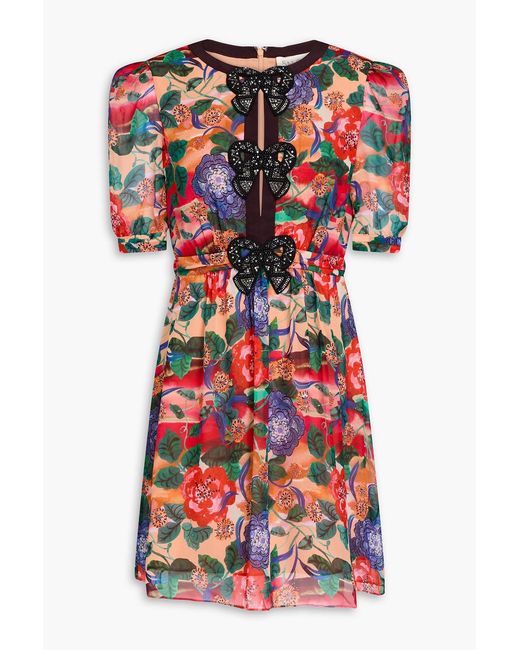 Saloni Red Jamie Embellished Floral-Print Silk-Georgette Mini Dress