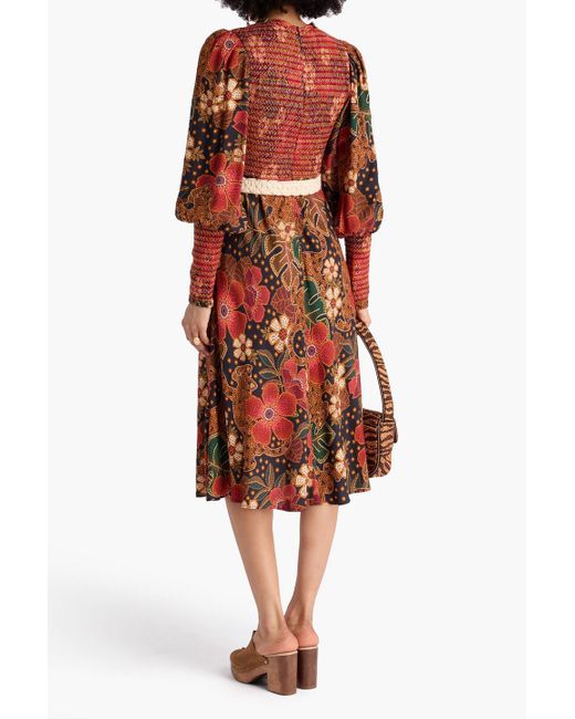 Farm Rio Red Midikleid aus crêpe mit floralem print und raffung