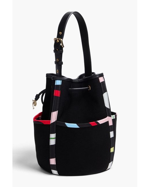 Emilio Pucci Black Printed Leather-Trimmed Cotton Bucket Bag