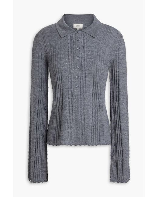 Loulou de Saison Blue Tiha Pointelle-Knit Wool-Blend Polo Sweater