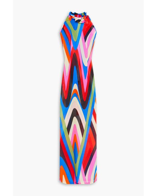Emilio Pucci White Ruffled Printed Stretch-mesh Maxi Dress