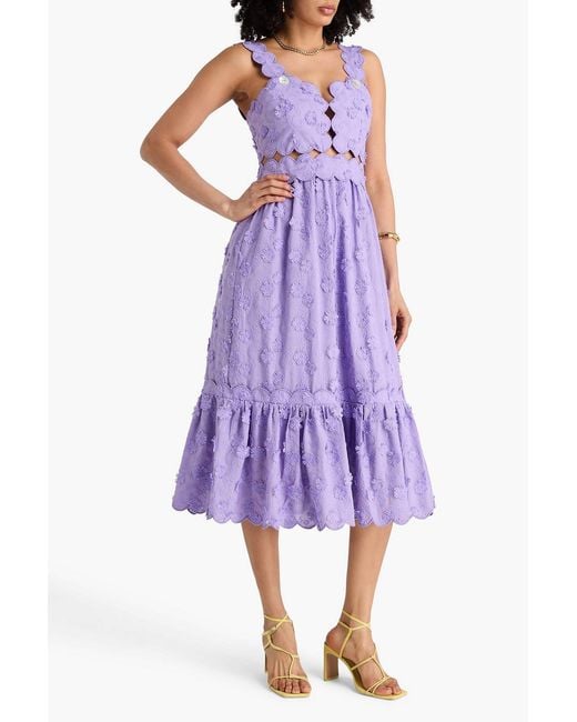 Farm Rio Purple Floral-appliquéd Embroidered Cotton-blend Midi Dress
