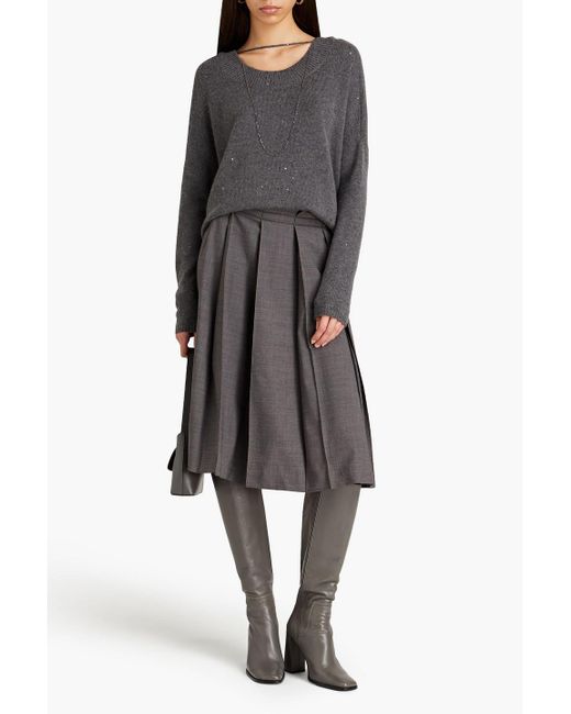 Brunello Cucinelli Gray Pleated Bead-embellished Wool-blend Skirt