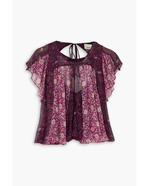 Isabel Marant Purple Oriane Open-back Ruffled Printed Silk-georgette Blouse