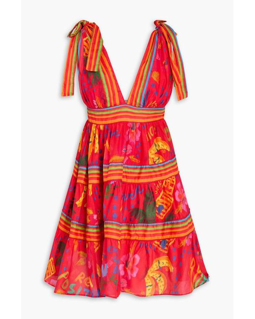 Farm Rio Red Tie-detailed Printed Cotton Mini Dress