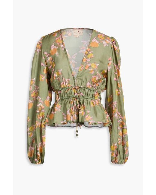 HANNAH Green Lola Floral-print Silk-satin Blouse