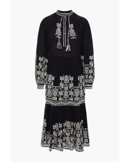 Antik Batik Black Sofia Tiered Embroidered Cotton-gauze Midi Dress