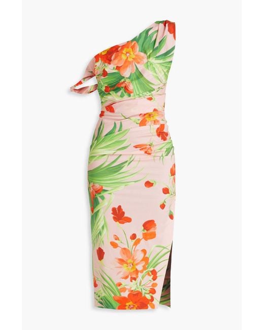 Carolina Herrera White One-shoulder Floral-print Stretch-cotton Poplin Midi Dress