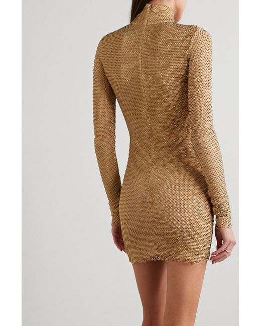 LAQUAN SMITH Crystal-embellished Mesh And Open-knit Turtleneck Mini Dress  in Natural | Lyst