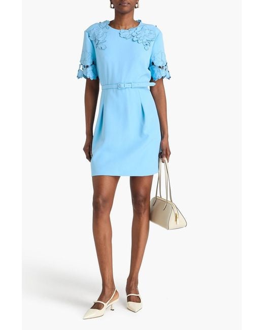 LEO LIN Blue Aurelie Floral-Appliquéd Stretch-Crepe Mini Dress