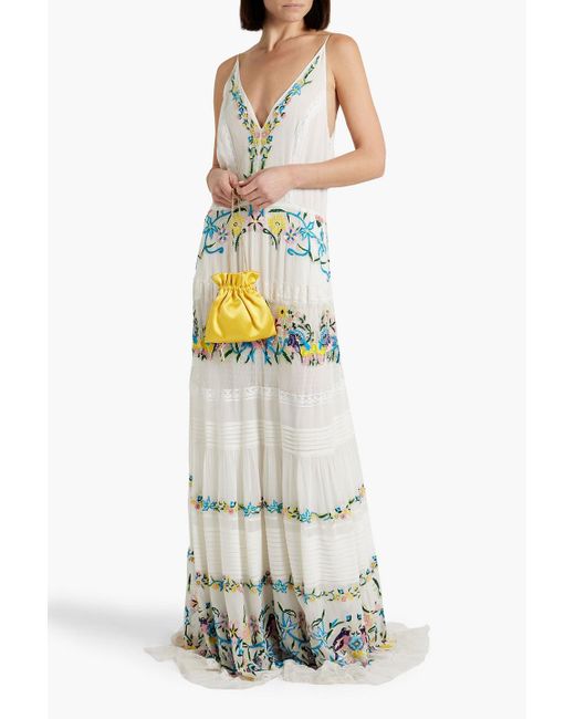Zuhair Murad White Corded Lace-paneled Embroidered Chiffon Maxi Dress
