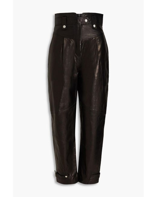 IRO Black Cropped Pleated Crinkled-leather Tapered Pants