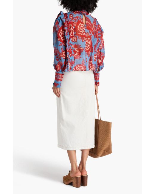 Farm Rio Red Bluse aus baumwoll-voile mit floralem print und rüschen