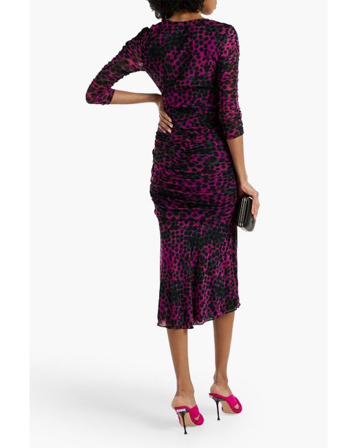 Diane von Furstenberg Purple Mira Ruched Printed Stretch-mesh Midi Dress