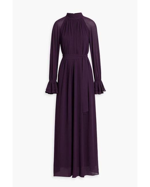 Mikael Aghal Purple Gathered Chiffon Maxi Dress