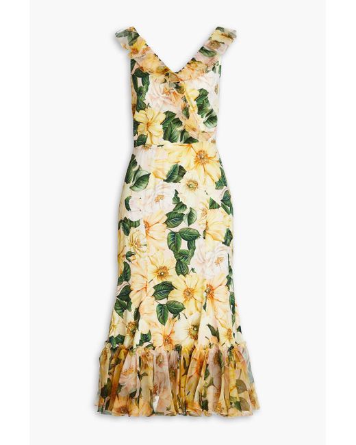 Dolce & Gabbana Metallic Organza-trimmed Ruffled Floral-print Silk-blend Midi Dress