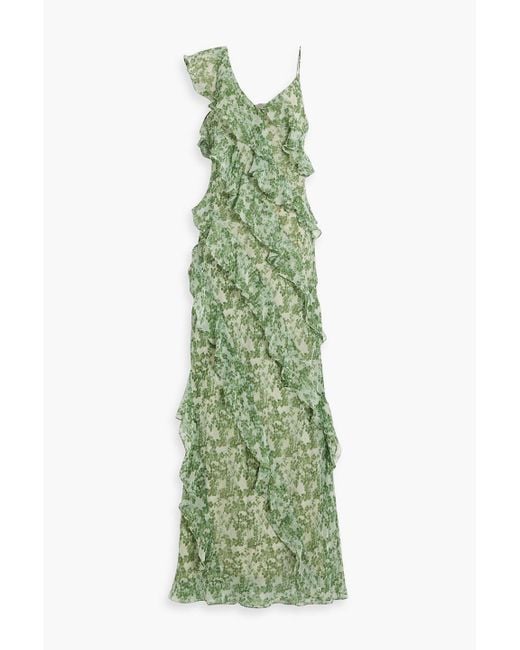 Mikael Aghal Green Ruffled Floral-Print Chiffon Gown