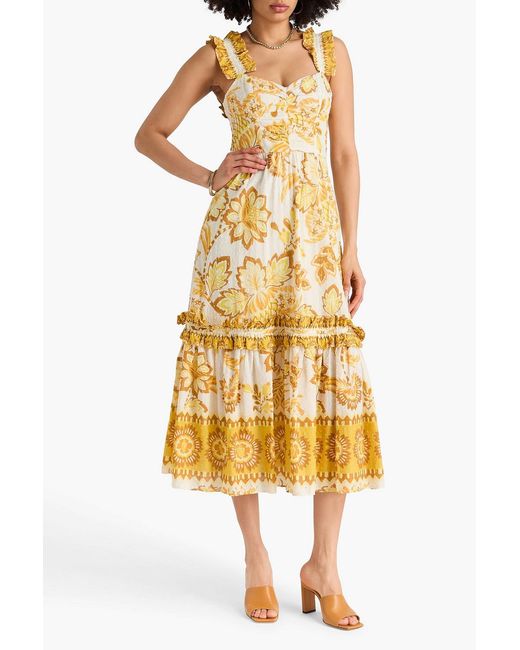 Farm Rio Metallic Ruffled Floral-Print Swiss-Dot Cotton Midi Dress