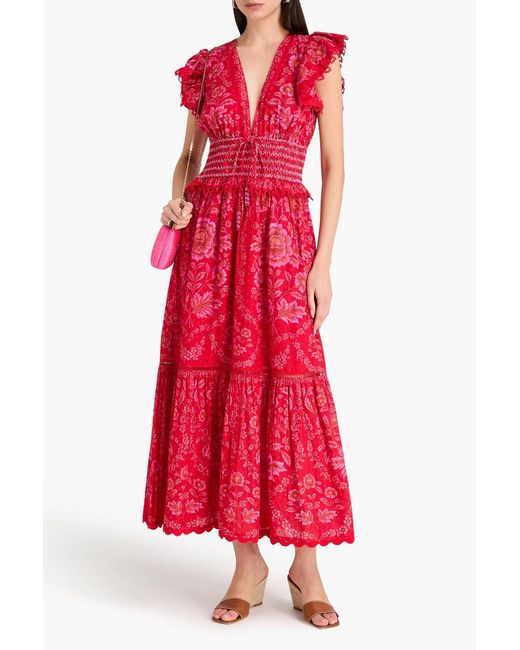 Farm Rio Red Olivia Embellished Floral-Print Swiss-Dot Cotton Maxi Dress