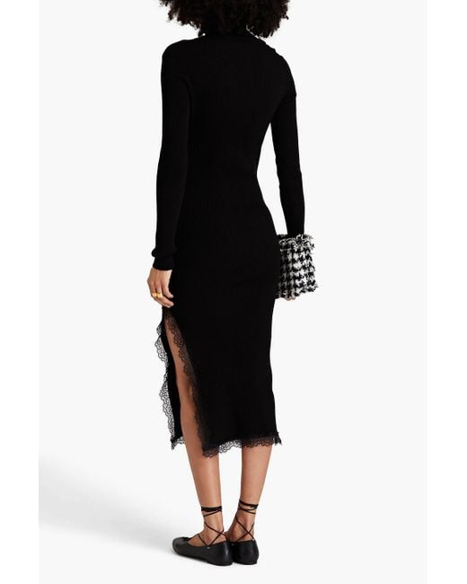 RED Valentino Black Lace-trimmed Ribbed-knit Turtleneck Midi Dress