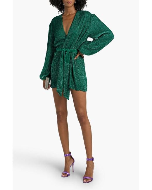 retrofte Gabrielle Sequined Chiffon Mini Wrap Dress in Green | Lyst
