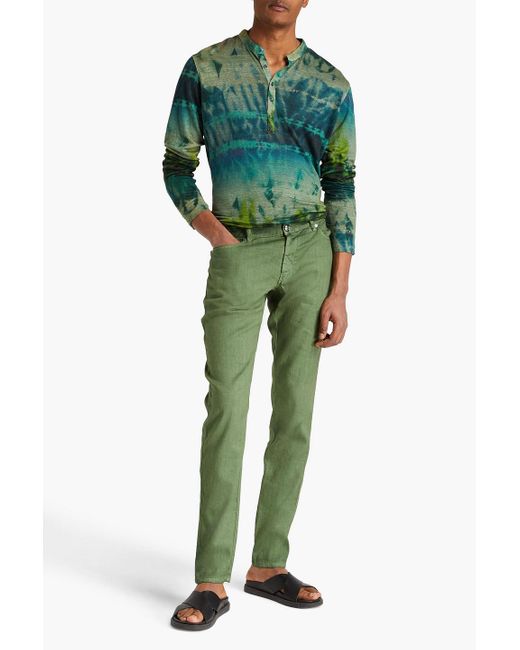 120% Lino Green Linen-blend Twill Trousers for men