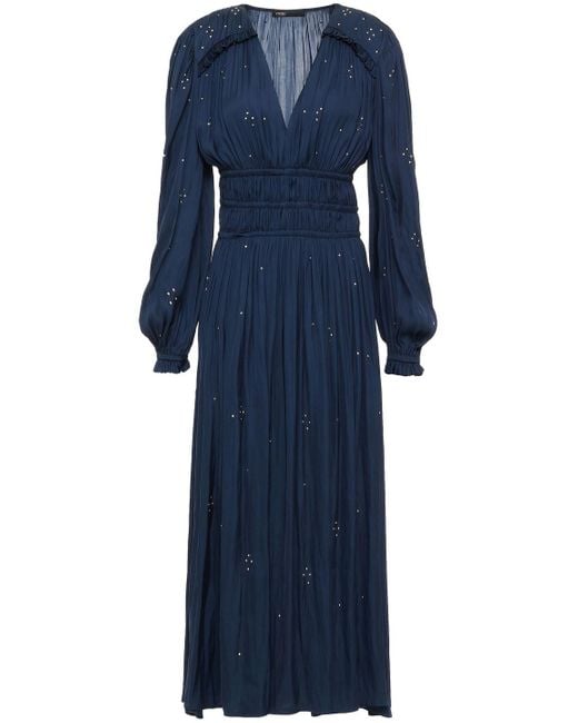 Maje Blue Ruffle-trimmed Studded Charmeuse Midi Dress