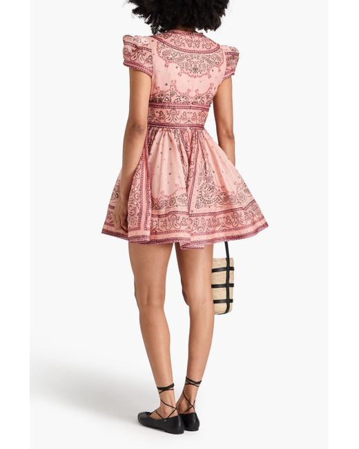 Zimmermann Pink Bow-detailed Paisley-print Linen And Silk-blend Mini Dress
