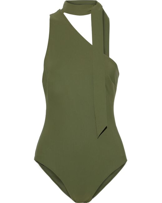 Zimmermann Green Bowie Tie-neck One-shoulder Swimsuit