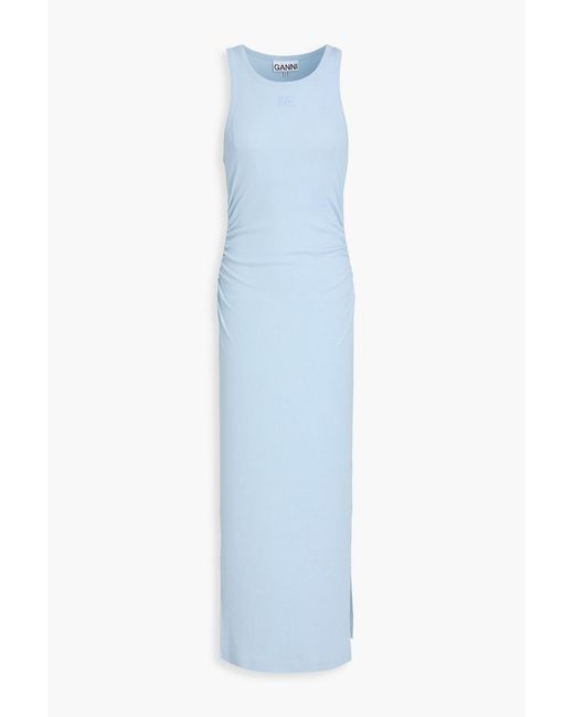 Ganni Blue Ruched Cotton-blend Jersey Midi Dress