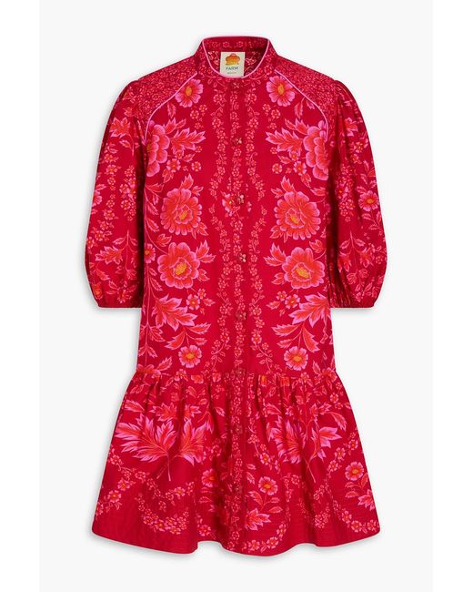 Farm Rio Red Floral-print Cotton-poplin Mini Shirt Dress