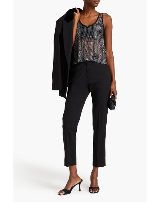 Maje Black Cropped Crystal-embellished Mesh And Jersey Top