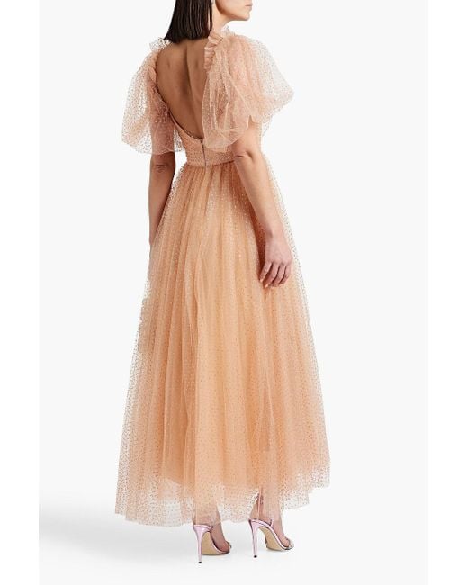 Monique Lhuillier Natural Glittered Tulle Midi Dress