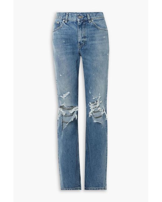 Stella McCartney Blue Falabella Distressed Embellished High-Rise Straight-Leg Jeans