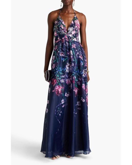 Marchesa Blue Chiffon-paneled Embroidered Floral-print Charmeuse Gown