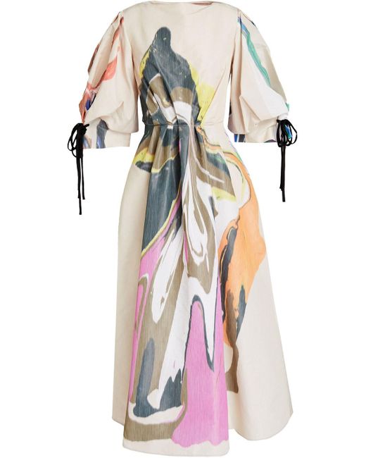 Roksanda Natural Bow-detailed Printed Taffeta Midi Dress