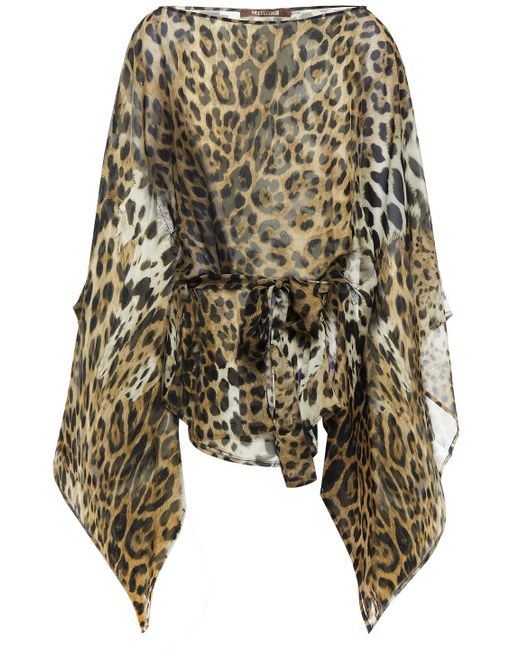 Roberto Cavalli Belted Embellished Leopard-print Silk-chiffon Top - Lyst