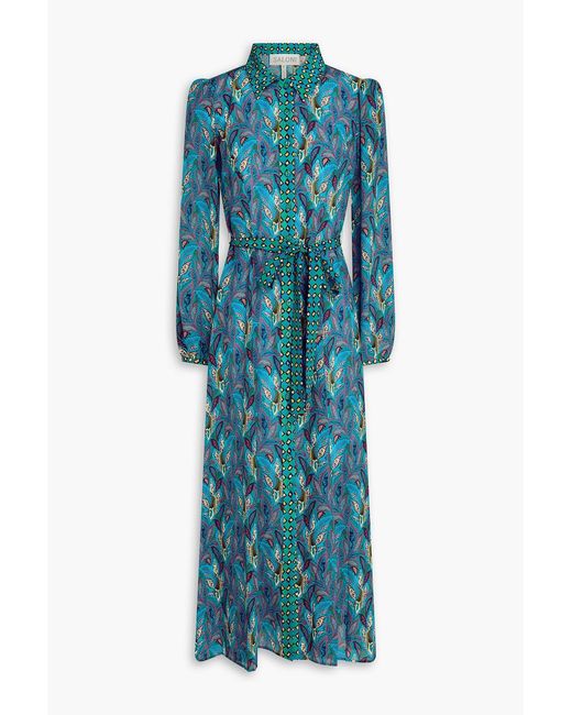 Saloni Blue Vanessa Printed Silk Crepe De Chine Midi Shirt Dress