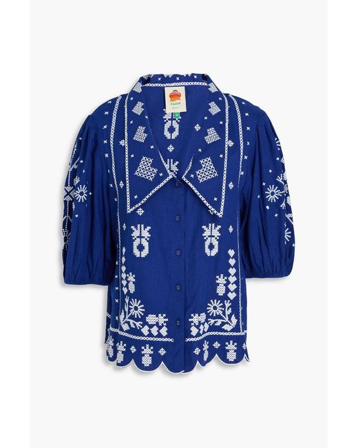 Farm Rio Blue Embroidered Linen-Blend Shirt