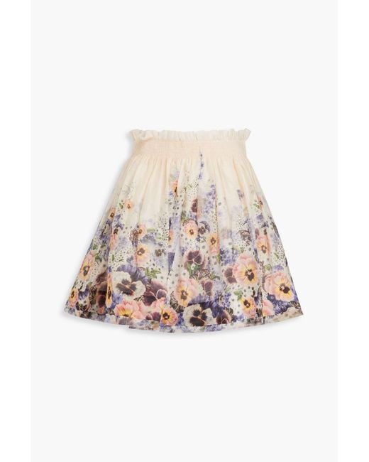 Zimmermann White Shirred Floral-print Linen And Silk-blend Mini Skirt