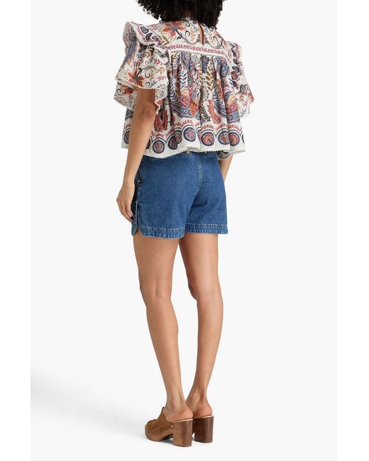 Farm Rio White Ruffled Paisley-print Swiss Dot Cotton Blouse